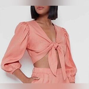 NWT Express Linen-Blend Tie Front Crop Top (L)